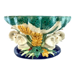 1960s Vintage Majolica Style Italian Elephant Tabletop Centerpiece For Sale