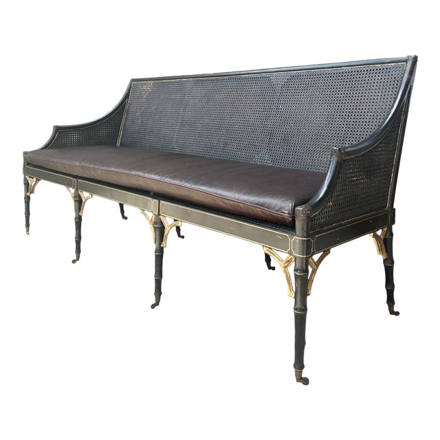 Vintage Leather Cushion Cane Settee For Sale
