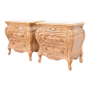 Grosfeld House Style French Provincial Louis XV Carved Bleached Walnut Bedside Chests, Pair