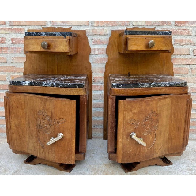 Art Nouveau Style Carved Nightstands or Bedside Tables with Marble Top, 1930, A Pair For Sale - Image 4 of 18