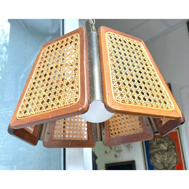 1970’s Boho Chic Cane and Wood Pendant Light For Sale In Charleston - Image 6 of 8