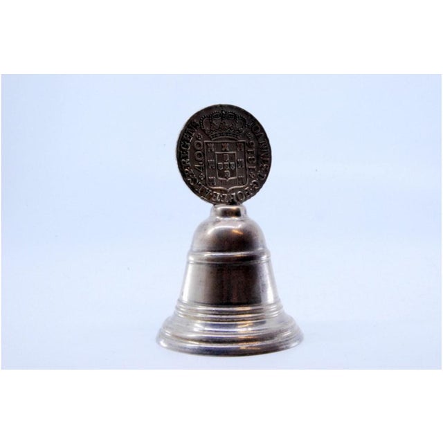 Silver Bell with Edge Borders and Coin-Shaped Handle For Sale - Image 3 of 9