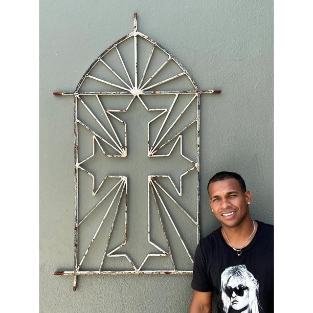 Vintage Architectural Element Metal Cross Window Grate For Sale In West Palm - Image 6 of 12