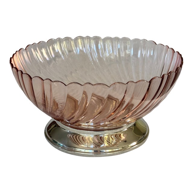 Made in France Pink Swirl Centerpiece Bowl With Silver Plated Base, Polished For Sale