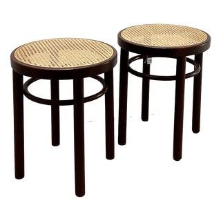 Bentwood Stools 214 with Viennese Wickerwork on Brown Wood by Thonet Brothers for Thonet, 1981, Set of 2 For Sale