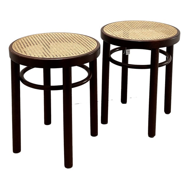 Bentwood Stools 214 with Viennese Wickerwork on Brown Wood by Thonet Brothers for Thonet, 1981, Set of 2 For Sale