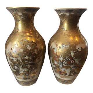 Pair of Japanese Satsuma Hand Paintedwith Gold Vases Meiji Period For Sale