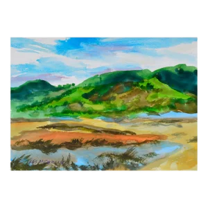 Vintage Hillside Lake Watercolor Landscape by Les Anderson
