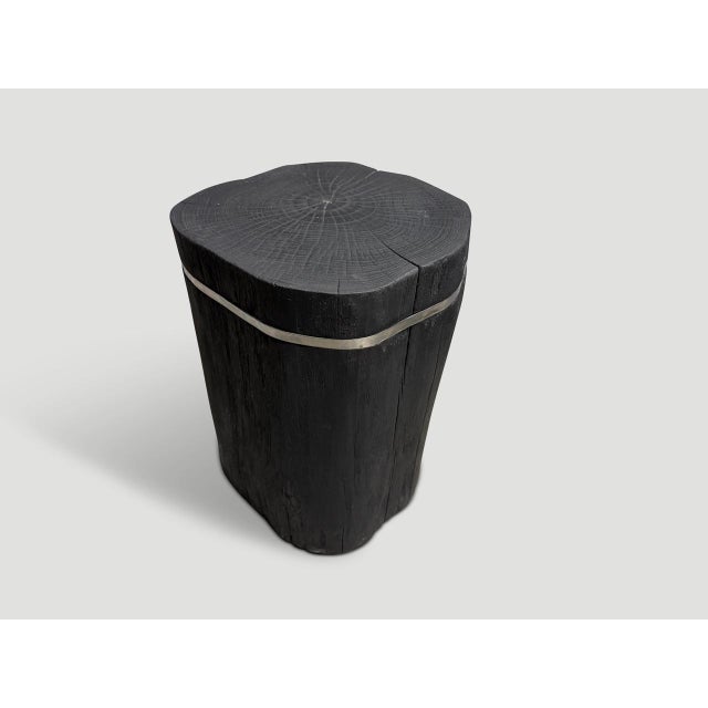 2010s Andrianna Shamaris Minimalist Charred Teak Wood and Silver Side Table For Sale - Image 5 of 5