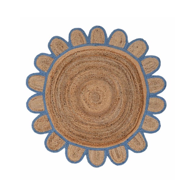 French Blue Round Jute Scallop Rug - 6'x6' For Sale - Image 9 of 9