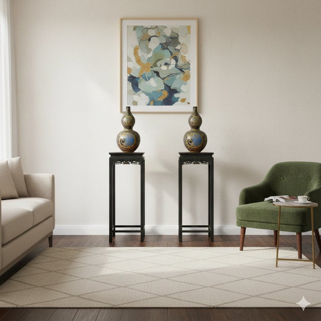 1980s Black Square Golden Chinese Engravement Tall Plant Stand Pedestal Table For Sale - Image 5 of 11