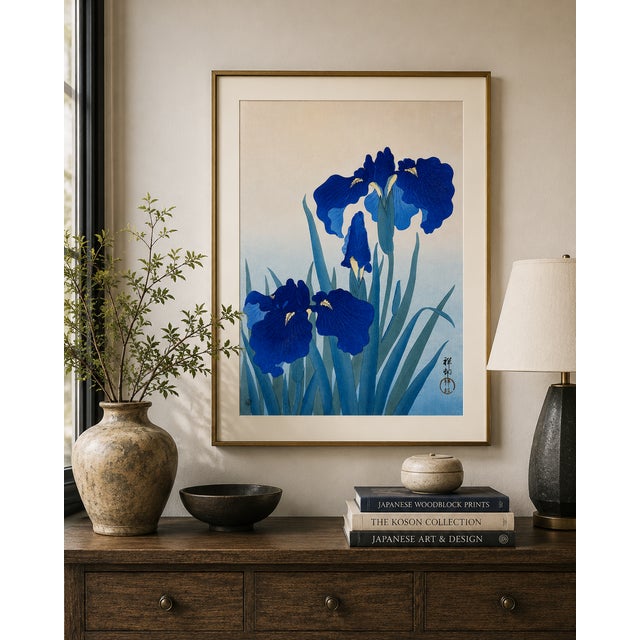 Blue Iris Flowers by Ohara Koson, Japanese Woodblock Print, 32" X 48" For Sale In Buffalo - Image 6 of 12