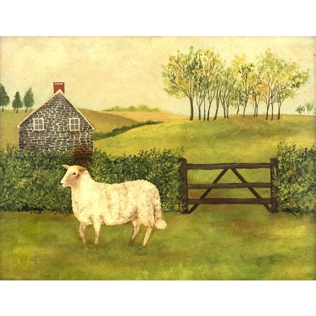 Farm Scene with a Lamb Oil on Canvas Unsigned Wood frame. Image: 15.25" H x 19.25" W frame: 20.25" H x 24.25" W....