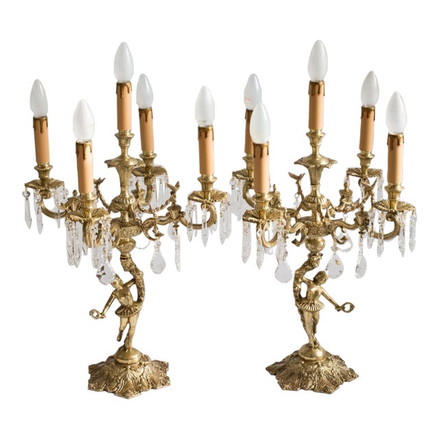 1930s Bronze Ballerina Figure Candelabra Style Table Lamp With Crystals - a Pair For Sale