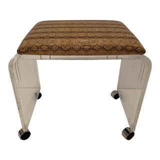 Mid-Century Modern Lucite and Faux Snakeskin Bench Stool on Casters For Sale