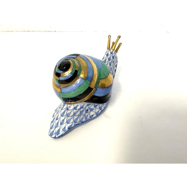 1990s Vintage Herend Hand Painted Blue Fishnet Snail Porcelain Figurine For Sale - Image 5 of 8