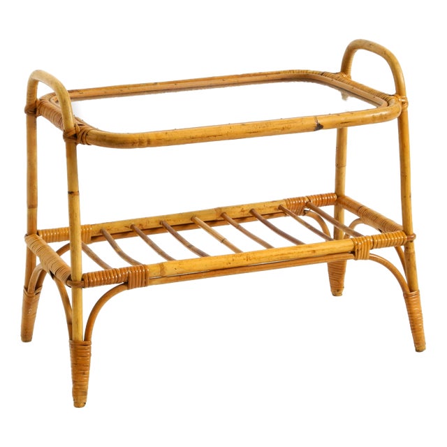 Italian Bamboo Side Table with Iced Glass Top, 1960s For Sale