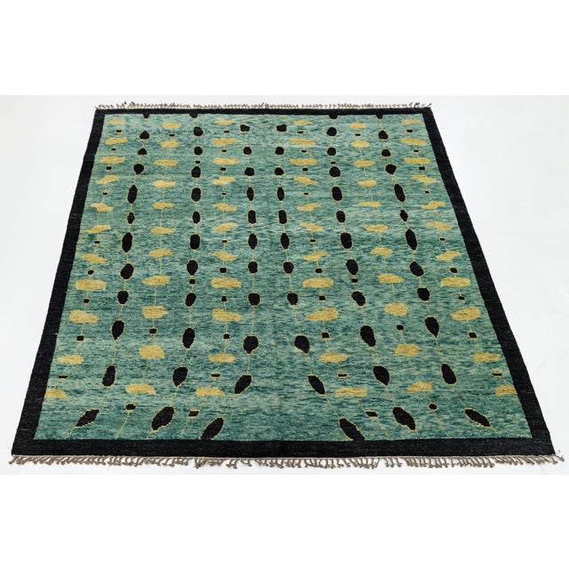 Abstract Azure Rain Modern Abstract Teal & Gold Moroccan Style Wool Rug 10x14 For Sale - Image 3 of 12