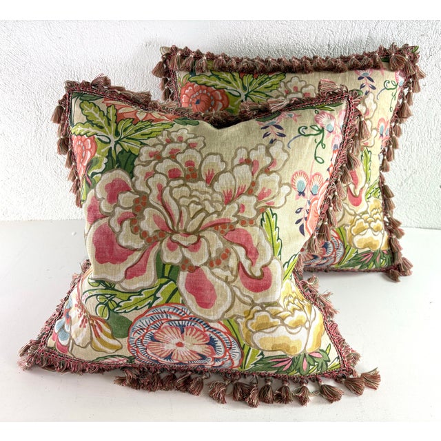 Pink Thibaut Peony Garden Hand Printed Tasseled Linen Pillows/a Pair For Sale - Image 8 of 10