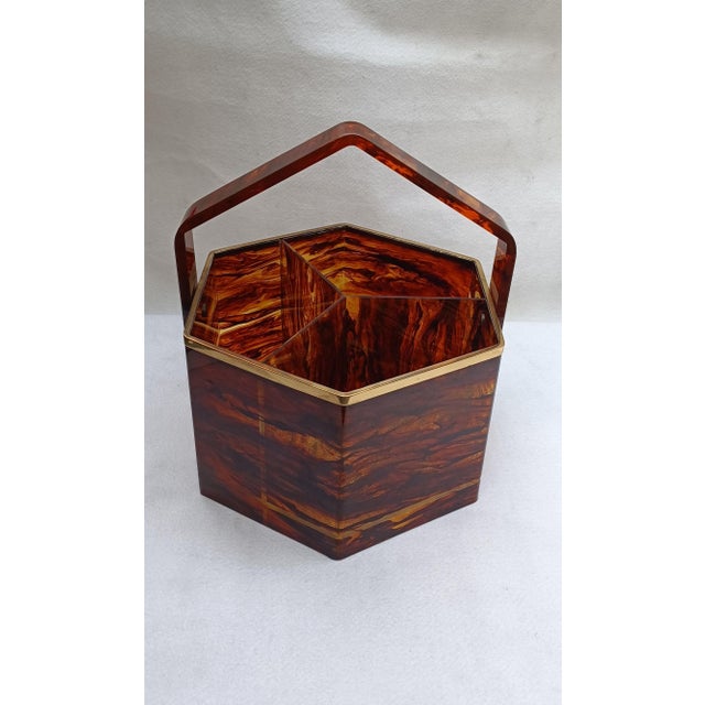 Large hexagonal container, divided into three internal sections, made of tortoiseshell-effect methacrylate with brass...