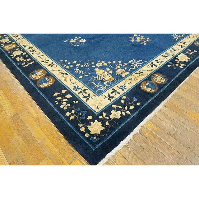 Floral Antique Late 19th Century Scenic Medallion Blue Field Chinese Peking Rug For Sale In New York - Image 6 of 6