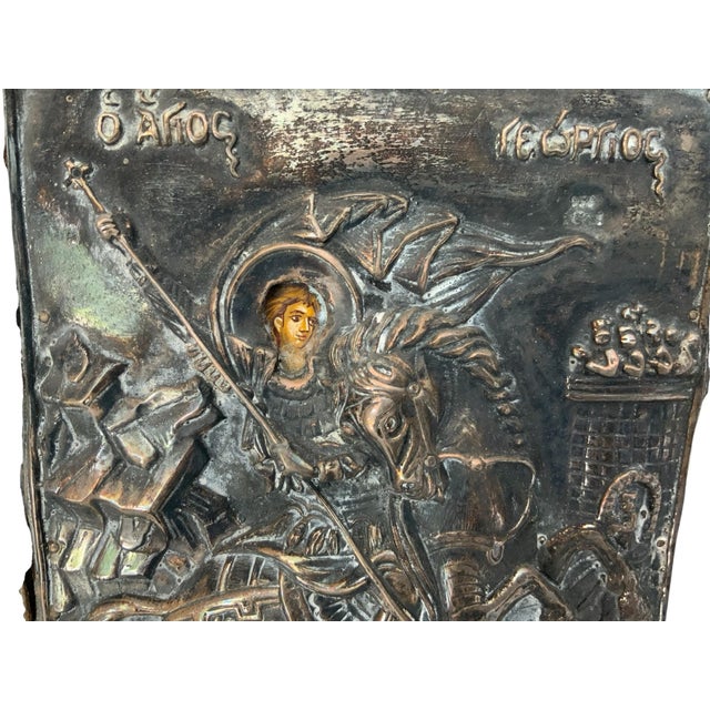 1990s Vintage Theologs Greek Byzantine Icon Saint George 950 Silver Carved Wood Frame Certificate 1993 For Sale - Image 5 of 7