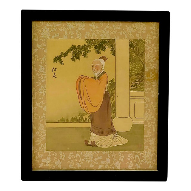 Antique Chinese Painting on Fine Silk of a Orange Robed Scholar or Sage, Framed & Signed For Sale