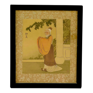 Antique Chinese Painting on Fine Silk of a Scholar or Sage, in Orange Robe, Framed & Signed
