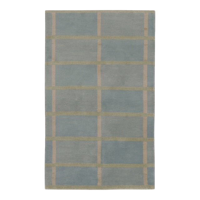 Rug & Kilim’s Swedish Art Deco Inspired Rug in Dusty Blue With Geometric Pattern For Sale