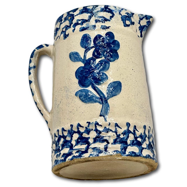 Ceramic Unusual Antique American Blue Spongeware & Flower Decorated Stoneware Milk Pitcher Circa Late 19th Century For Sale - Image 7 of 18