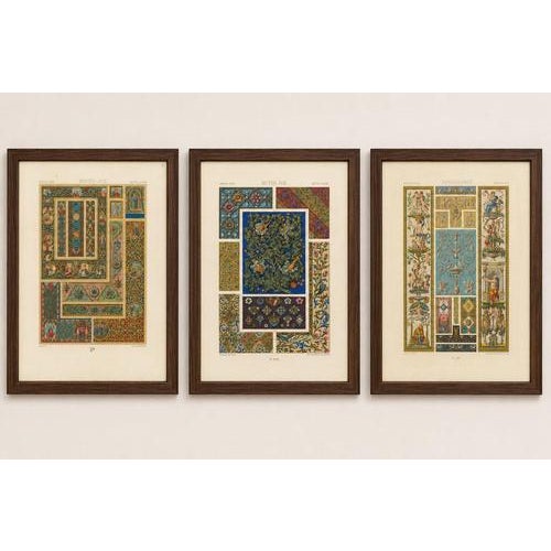 Title: Three Medieval & Renaissance Ornament Plates by Albert Racinet, 1873 : A decorative set of three original antique...