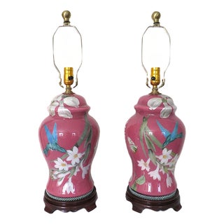 Pair of Chinoiserie Ginger Jar Table Lamps With Birds Flowers Butterflies Dragonflies For Sale