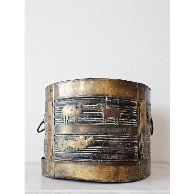 A scarce antique British Colonial brass-mounted wood bucket (fireplace coal hod - kindling bin - pail - outdoor planter)...