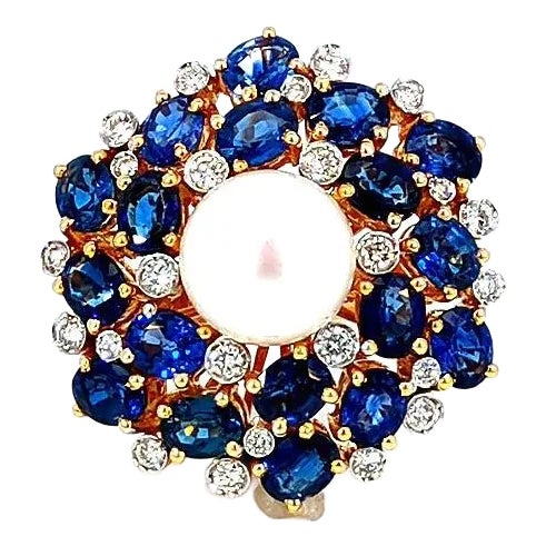 Diamond Pearl and Sapphire Cluster Ring, Size 7.5 For Sale