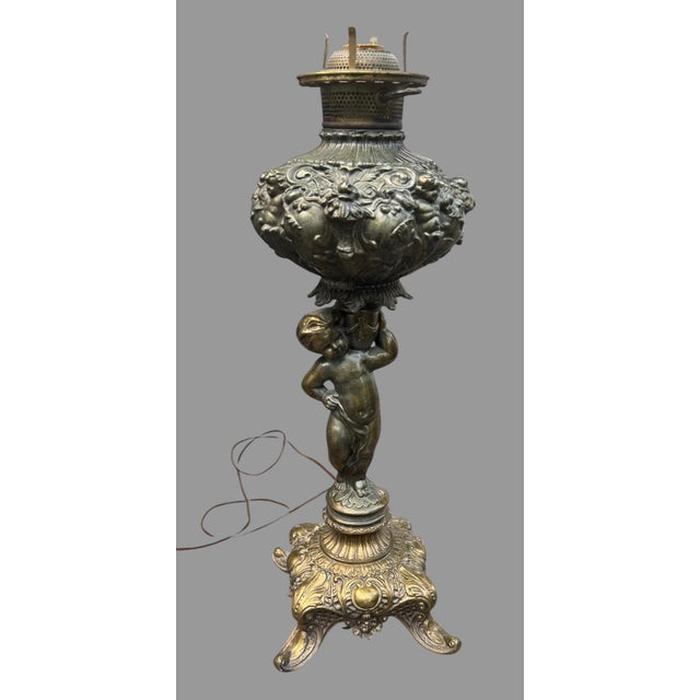 Vintage Embossed Metal Parlor Table Lamp With Figural Cherub Cupid Base For Sale - Image 10 of 10
