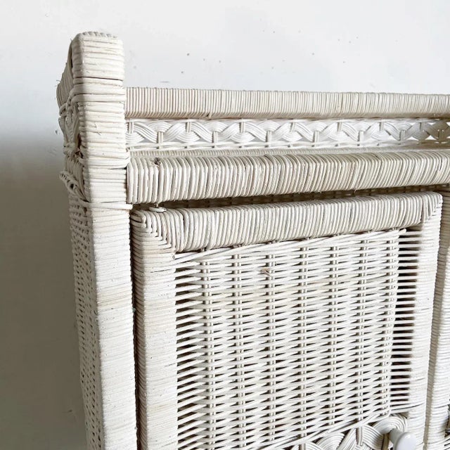 Boho Chic White Rattan and Wicker Bathroom Storage Etagere For Sale In Miami - Image 6 of 11
