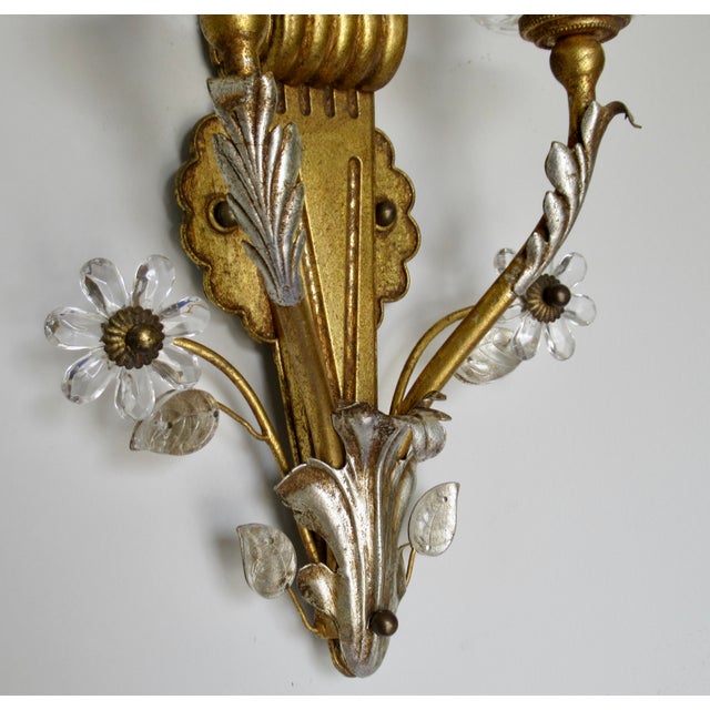 Early 20th Century Banci Gilt & Silvered Bronze Sconces, Italian With Rock Crystal Floral Motif Design -Pair For Sale - Image 15 of 18