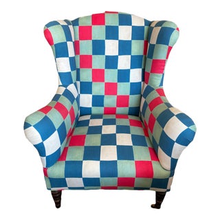 Jennifer Shorto Upholstered Early American Wingback Chair For Sale