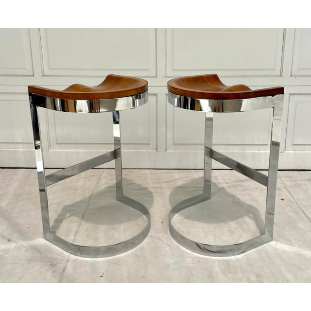 Pair of Oak and Chrome Counter Barstools by Warren Bacon For Sale - Image 10 of 12
