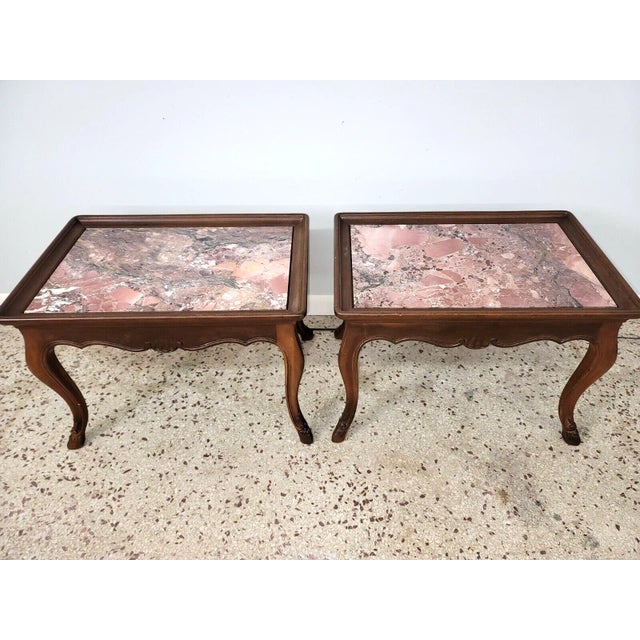 Wood Vintage Louis XV Pink Variegated Marble-Top Coffee Tables - A Pair For Sale - Image 7 of 13