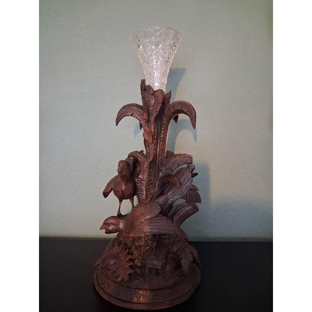 This wonderful vase holder ,walnut wood is made on Brienz, Switzerland. with two handcarved Birds a lot of floreal ,leaves...