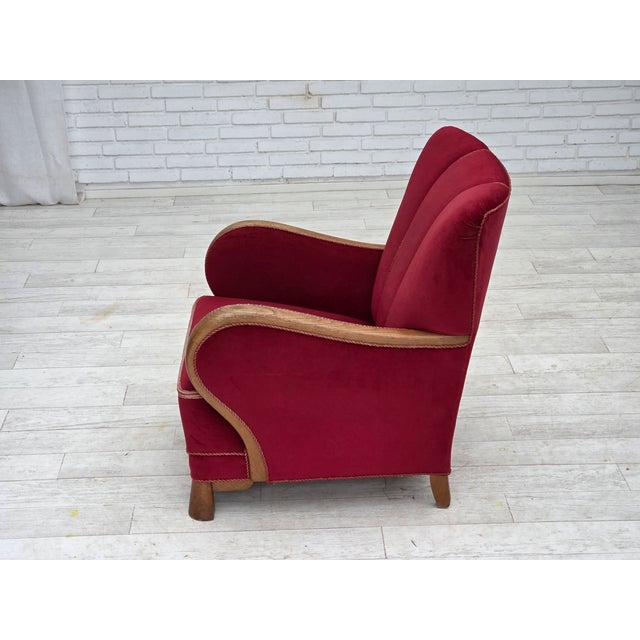 1950s Danish Armchair in Red Velour and Oak, 1950s For Sale - Image 5 of 17
