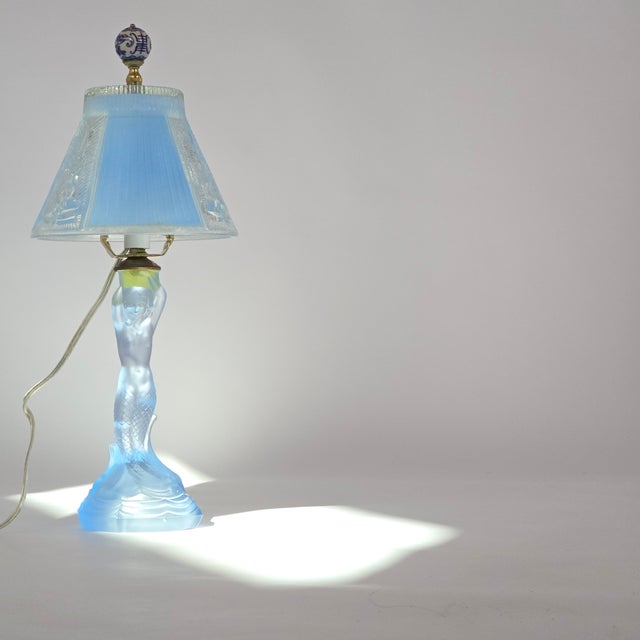 Vintage Walther & Sohne Art Deco Frosted Blue Mermaid Boudoir Lamp For Sale - Image 10 of 12