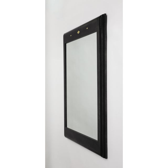 Mid-Century Modern Karl Springer Style Black Goat Skin Wall Mirror With Gold Leaf Accents For Sale - Image 3 of 16