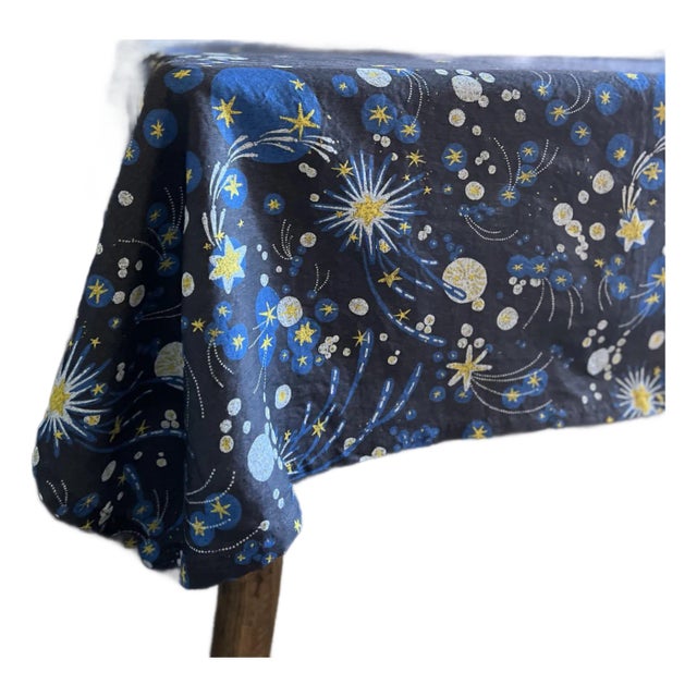 Solaris Stars European Blue Linen Large Tablecloth | Lizzet Frausto For Sale