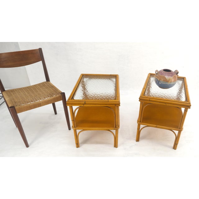 Pair c1970s Bamboo Rattan Two Tier Rippled Glass Top Rectangle End Side Tables For Sale - Image 12 of 14