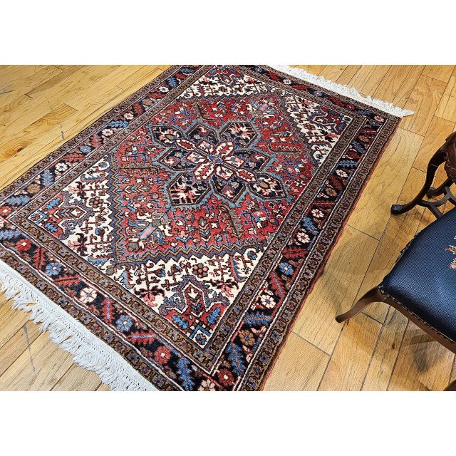 Vintage Persian Heriz Rug, Hand-Knotted Wool, Geometric Medallion Pattern, Red & Navy, 5x7 For Sale - Image 15 of 15