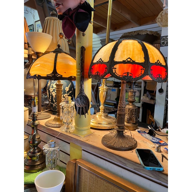Antique Bent Caramel, Red /Orange Slag Glass Table Lamp For Sale - Image 12 of 12