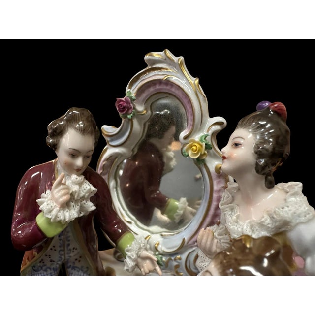 White Volkstedt Porcelain, 3 Figures at Mirror, 1762 Crown Mark, Post 1945 For Sale - Image 8 of 11