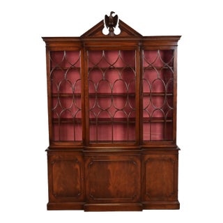 Charak Furniture Georgian Flame Mahogany Breakfront Bookcase Cabinet With Carved Eagle Finial, 1940s For Sale